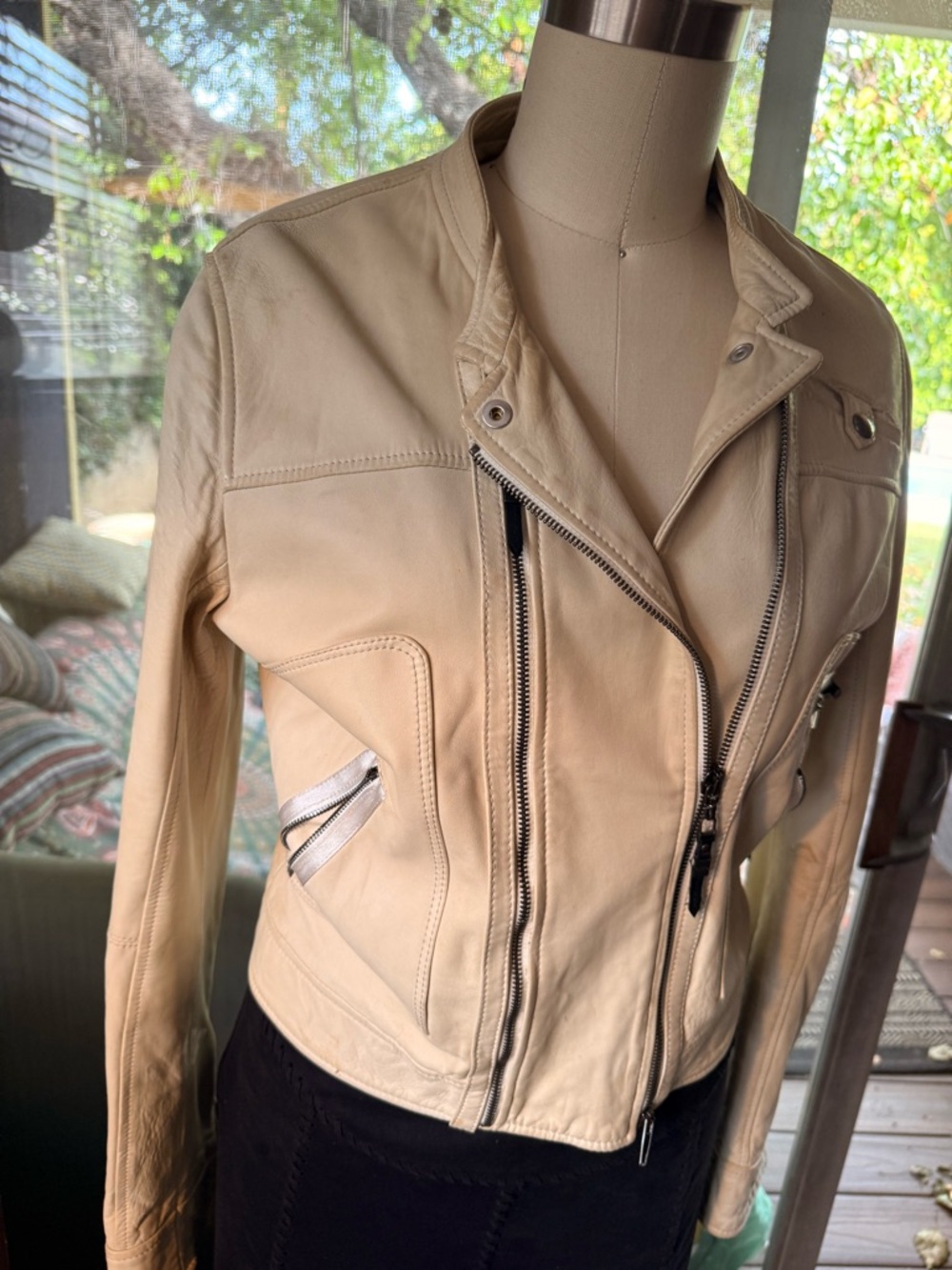 CNC Costume National Cream Leather Moto Jacket